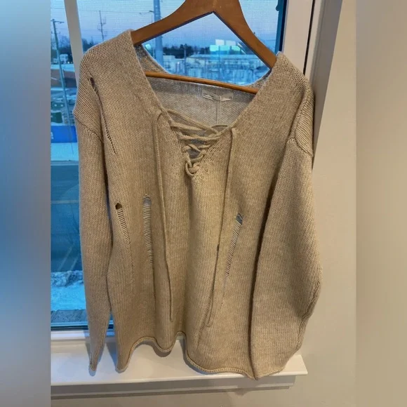 78$ NWT OAK+FORT Lace-Up Distressed Sweater | Relaxed Fit | NWT | Size S-M - Picture 11 of 15
